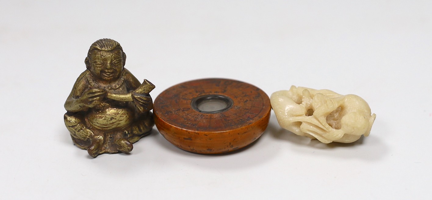 Assorted Chinese works of art including a soapstone carving of a luohan, 16cms high